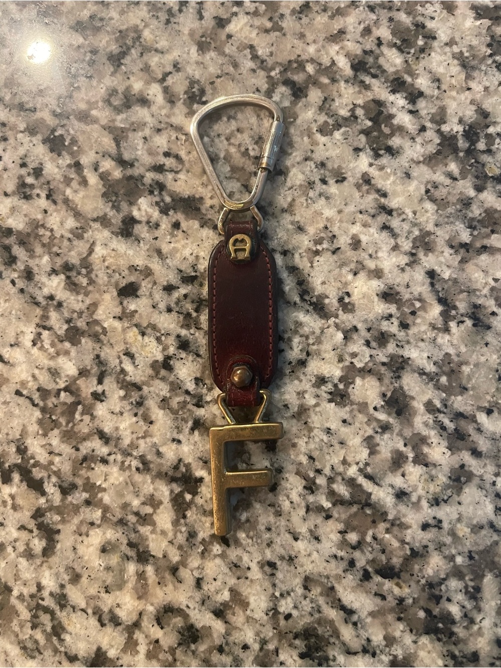 Leather Aigner Keychain with Brass 'F' Charm - Brown